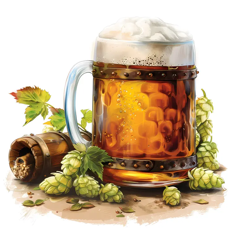 Beer Mug with Hops and Barrel