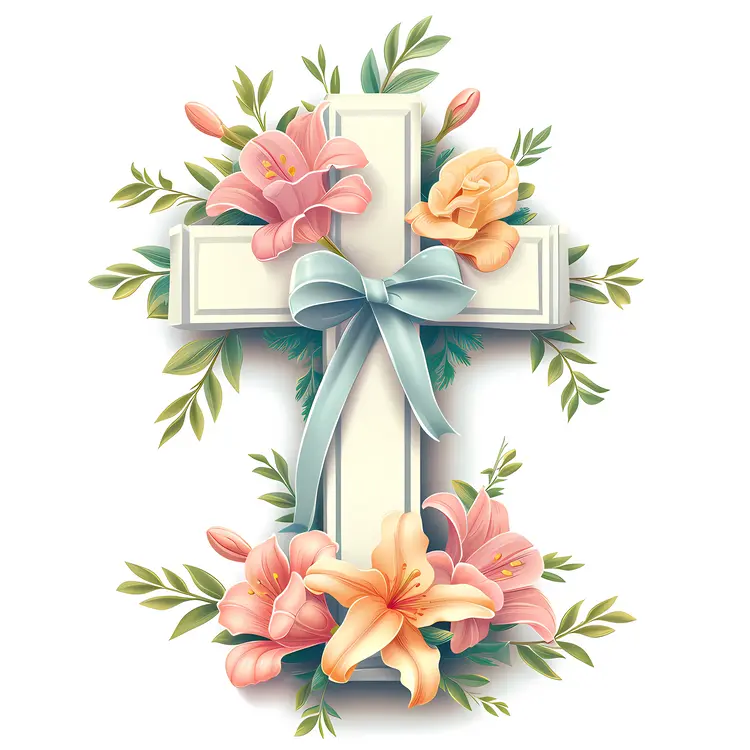 Decorative Cross with Flowers and Ribbon