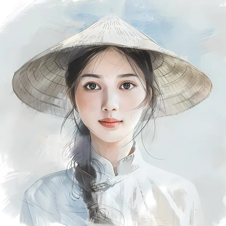 Graceful Woman in Conical Hat Illustration