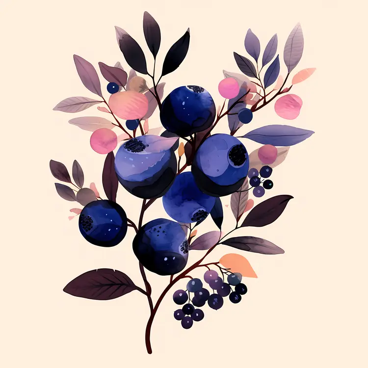 Watercolor Blueberries with Leaves