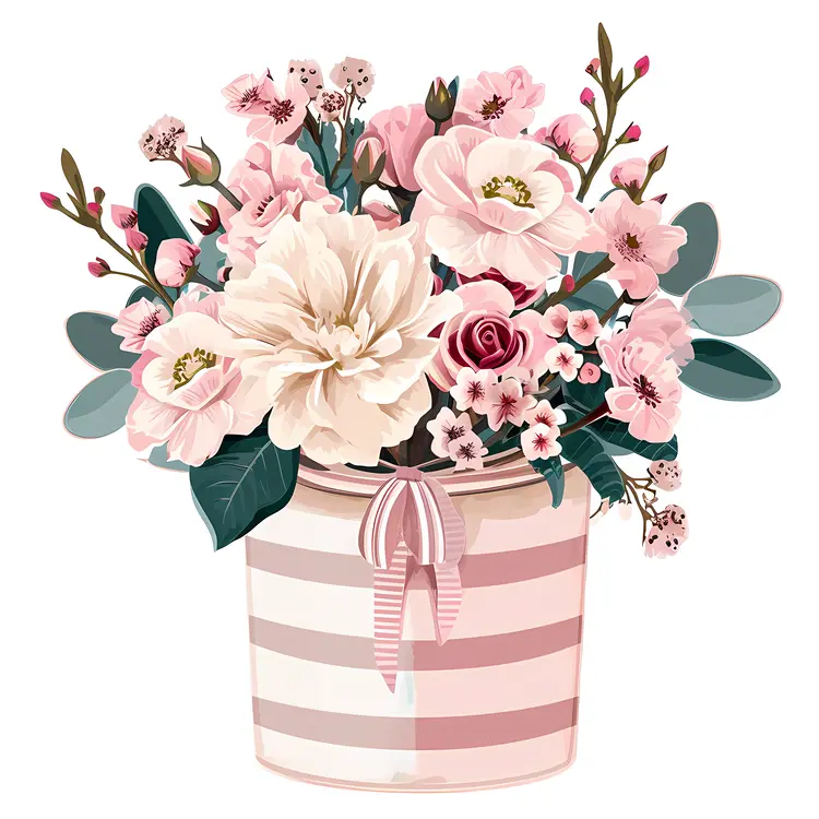 Charming Pink and White Flower Arrangement in Striped Bucket