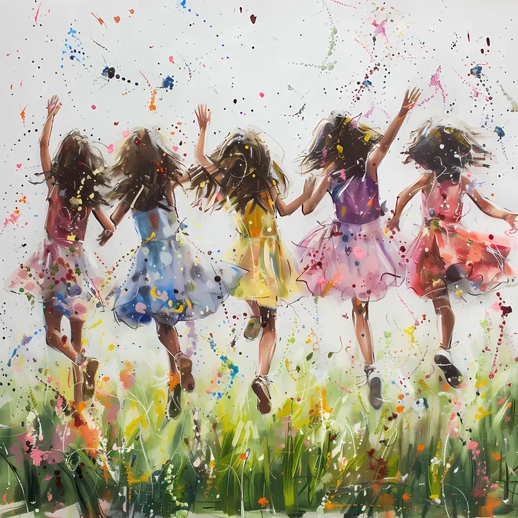 Girls Running Joyfully in a Field