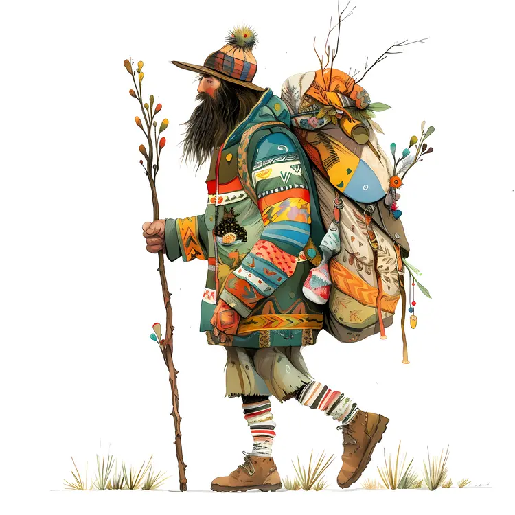 Colorful Hiker with Backpack and Walking Stick