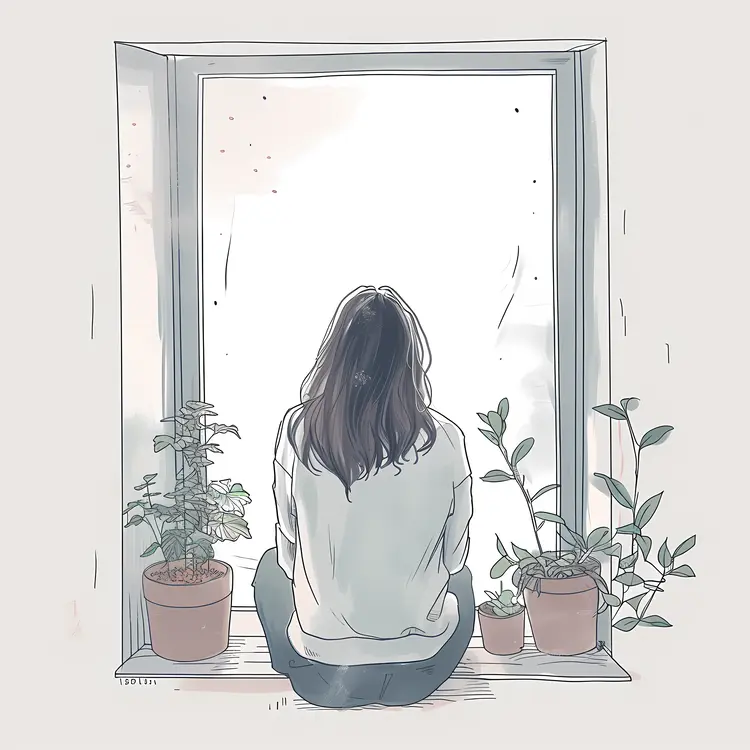 Girl Sitting by the Window with Plants