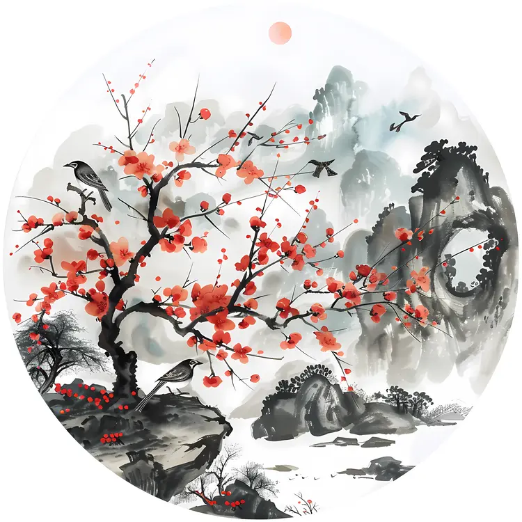 Serene Mountain Landscape with Blossoming Tree