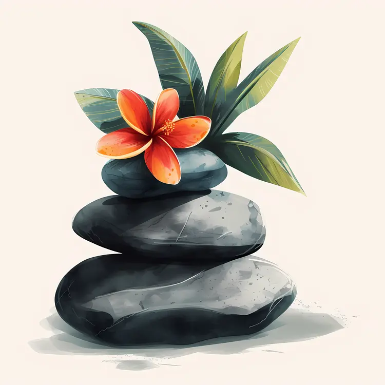 Zen Stacked Stones with Red Flower and Leaves