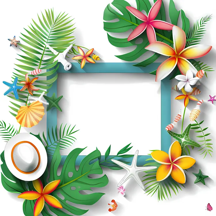 Tropical Frame with Flowers and Leaves