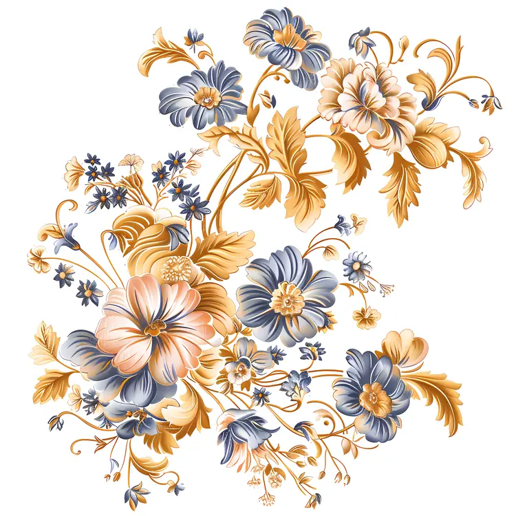 Charming Blue and Yellow Floral Pattern with Leaves