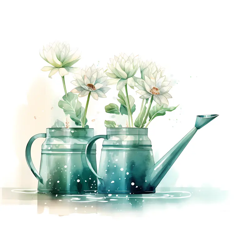 Two Watering Cans with White Flowers