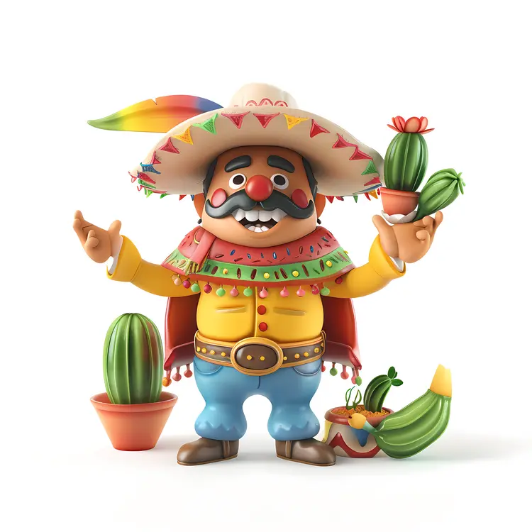 Happy Character with Sombrero and Cactus