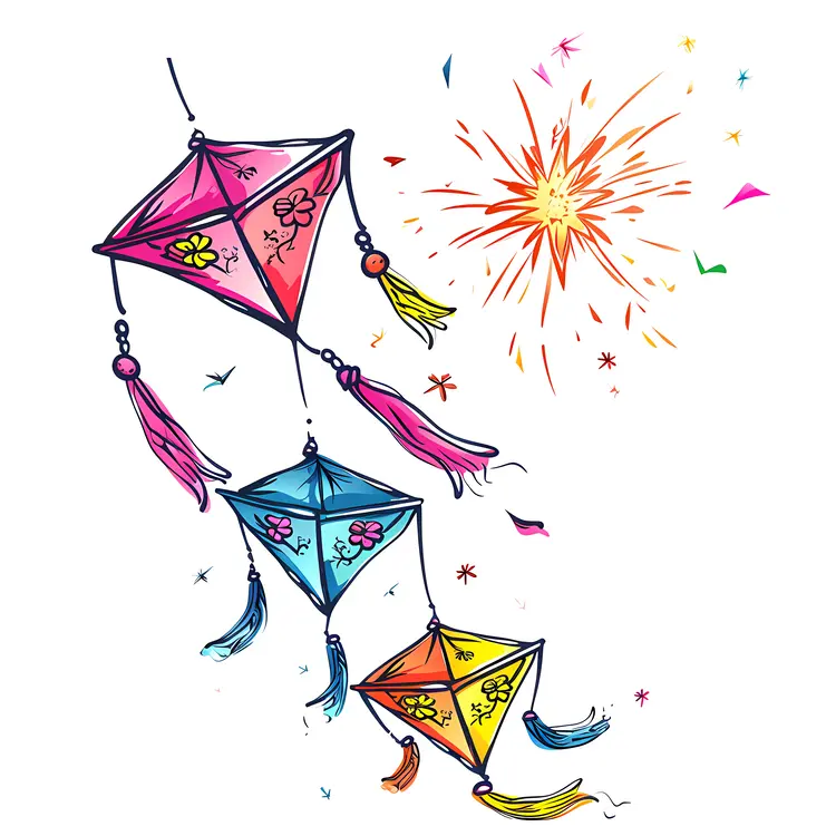 Colorful Kites with Fireworks in the Sky