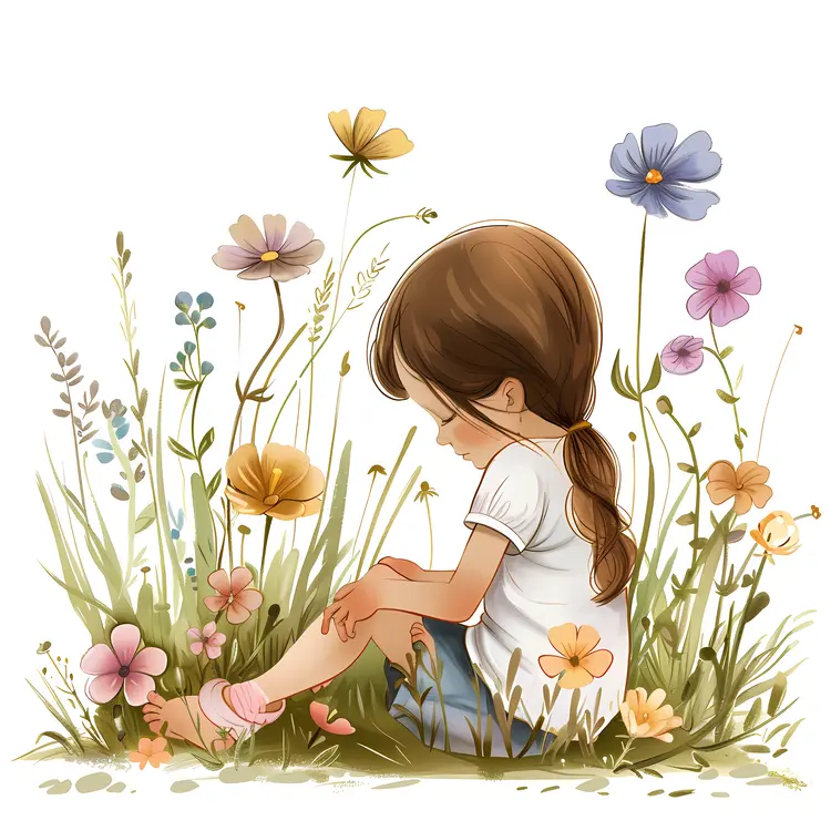 Girl Sitting Among Colorful Flowers