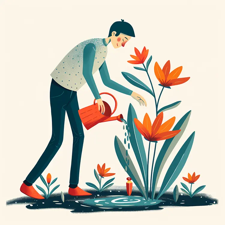 Illustration of Gardener Watering Flowers