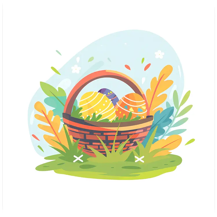 Colorful Basket with Easter Eggs in Spring
