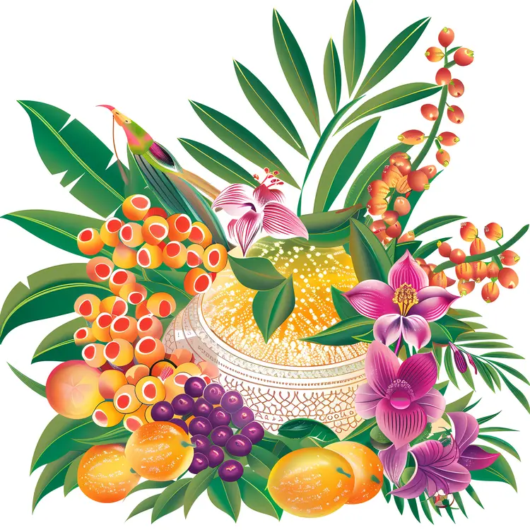 Tropical Fruit Basket with Flowers