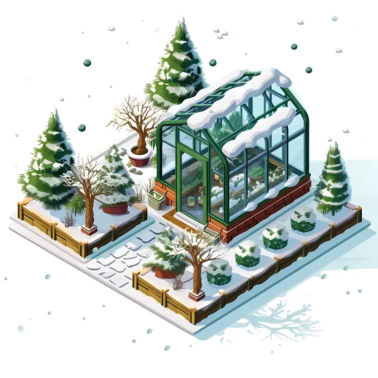Snowy Greenhouse with Winter Plants