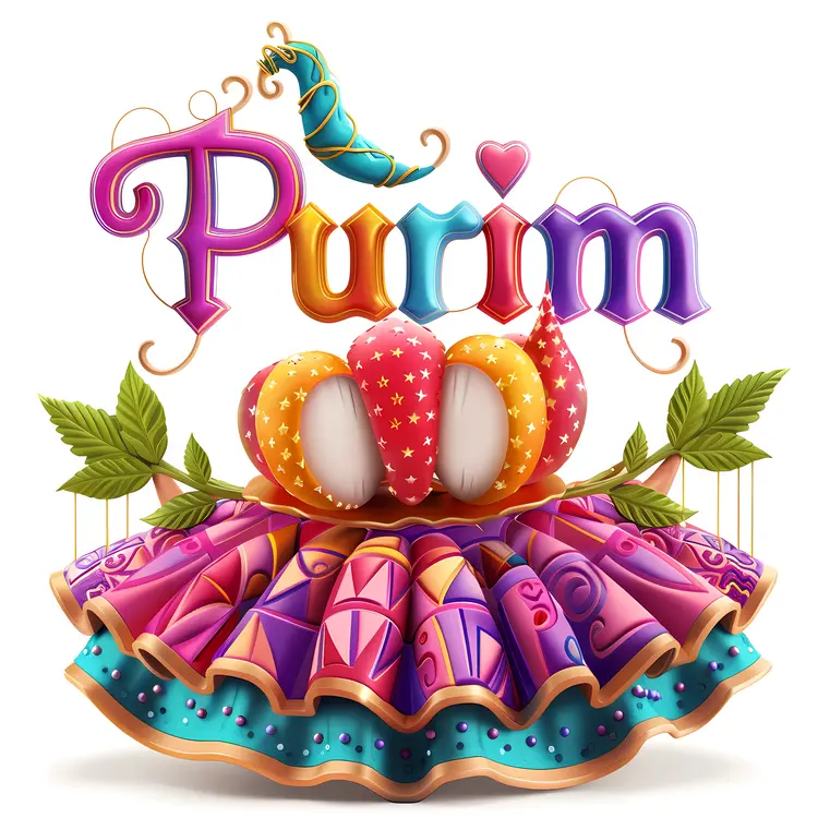 Purim Text with Crown and Colorful Decorations