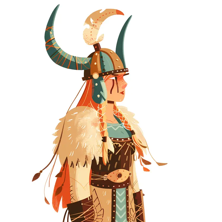 Viking Woman in Fur Cloak and Horned Helmet