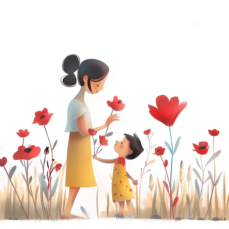 Mother and Son with Red Flowers