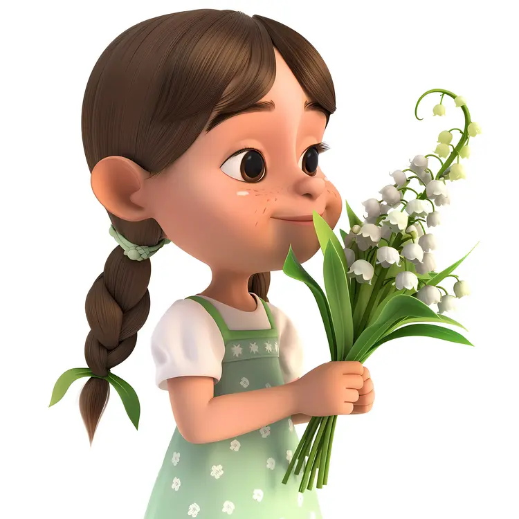Cute Girl Holding Flowers in Green Dress