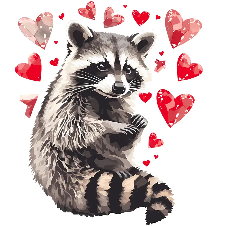 Raccoon Surrounded by Hearts