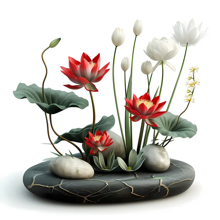 Red and White Lotus Flowers on Stone