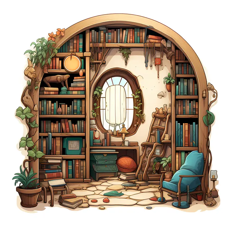 Cozy Library Nook with Books and Plants