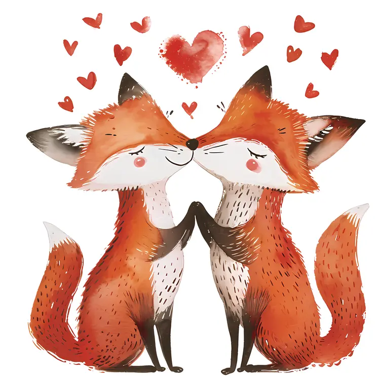 Fox Couple in Love with Hearts