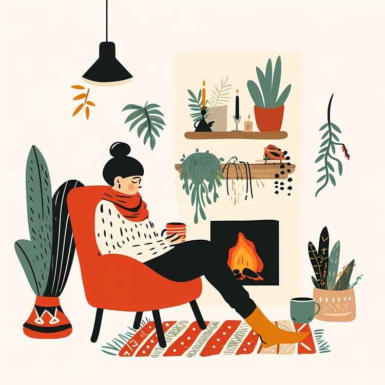 Woman Relaxing by Fireplace with Plants