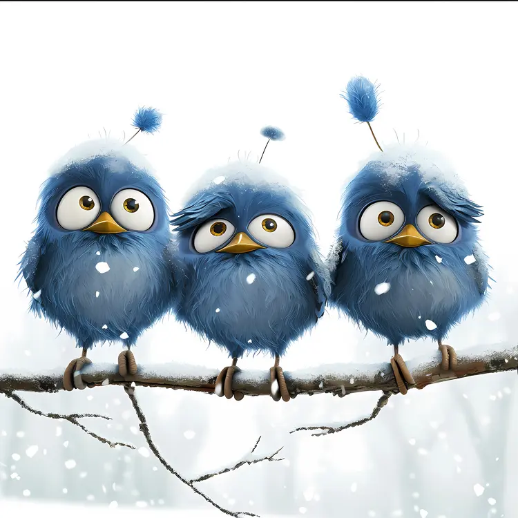 Three Blue Birds on a Snowy Branch