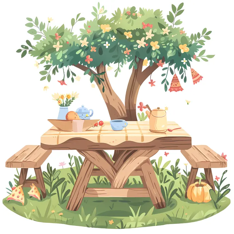 Picnic Table Under a Blooming Tree