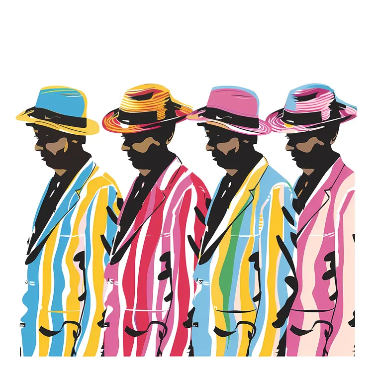 Stylized Illustration of Men in Colorful Striped Suits