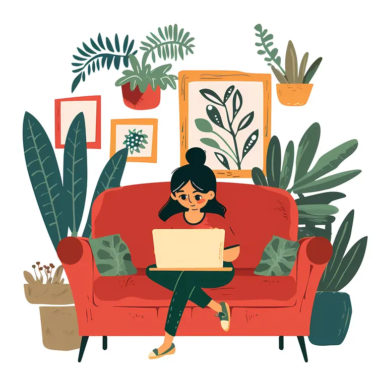 Woman Working on Laptop in Cozy Home Setting