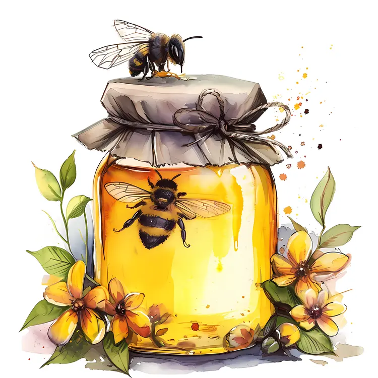 Honey Jar with Bees and Flowers