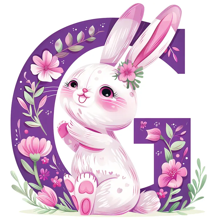 Cute Purple Letter G with Bunny and Flowers