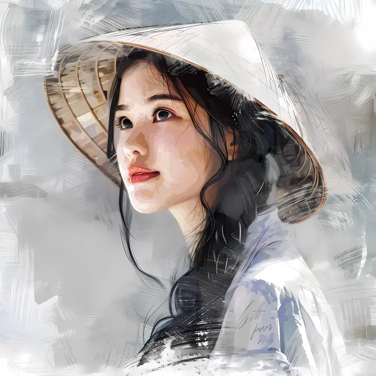 Thoughtful Woman in Conical Hat Illustration