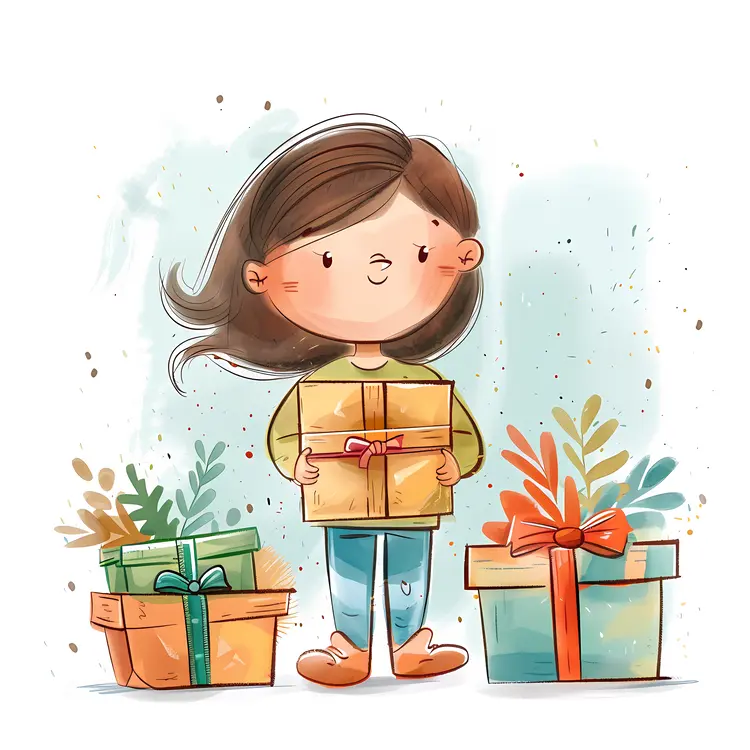 Girl Holding a Gift with More Gifts Around