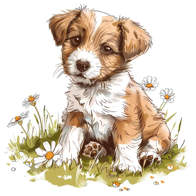 Adorable Puppy Sitting in a Field of Daisies