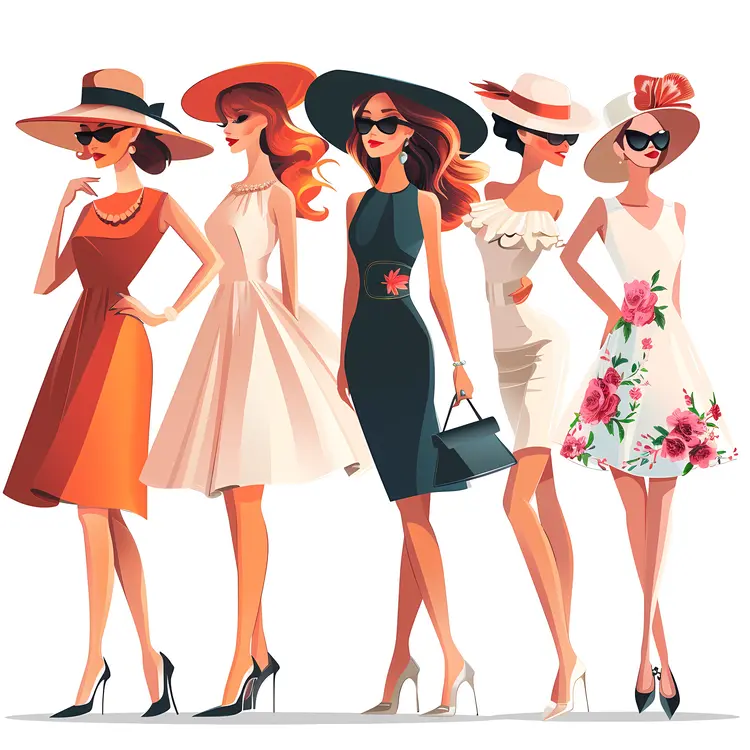 Group of stylish women in dresses and hats