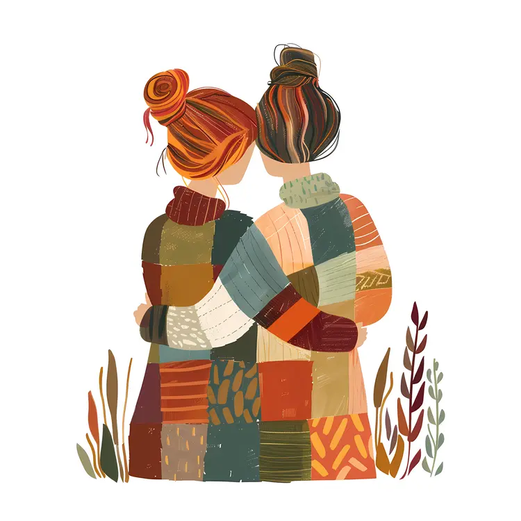 Two People Hugging in Colorful Patchwork Clothes