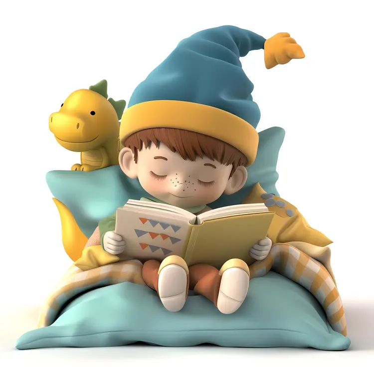 Boy Reading with a Dinosaur Toy