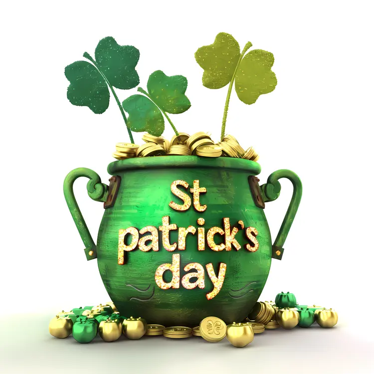 Green Pot with Gold Coins and Shamrocks for St. Patrick's Day
