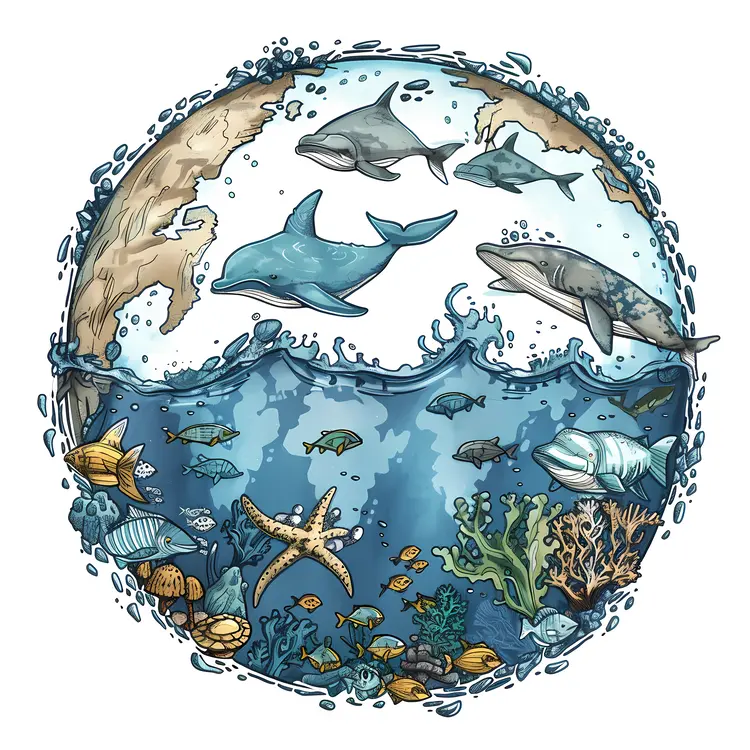 Marine Life Illustration with Dolphins and Whales