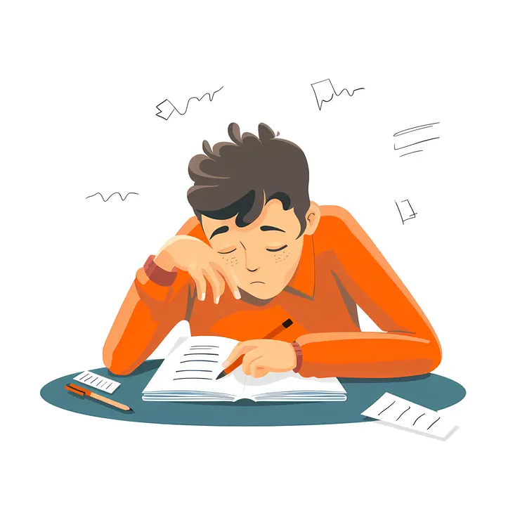 Tired Student Studying at Desk in Flat Cartoon Style