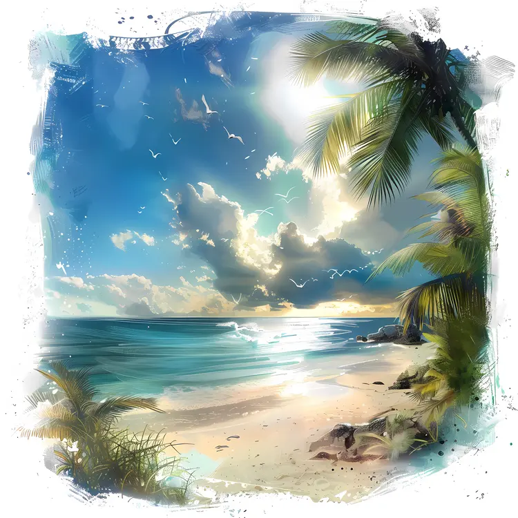 Tropical Beach with Palm Trees and Sunset