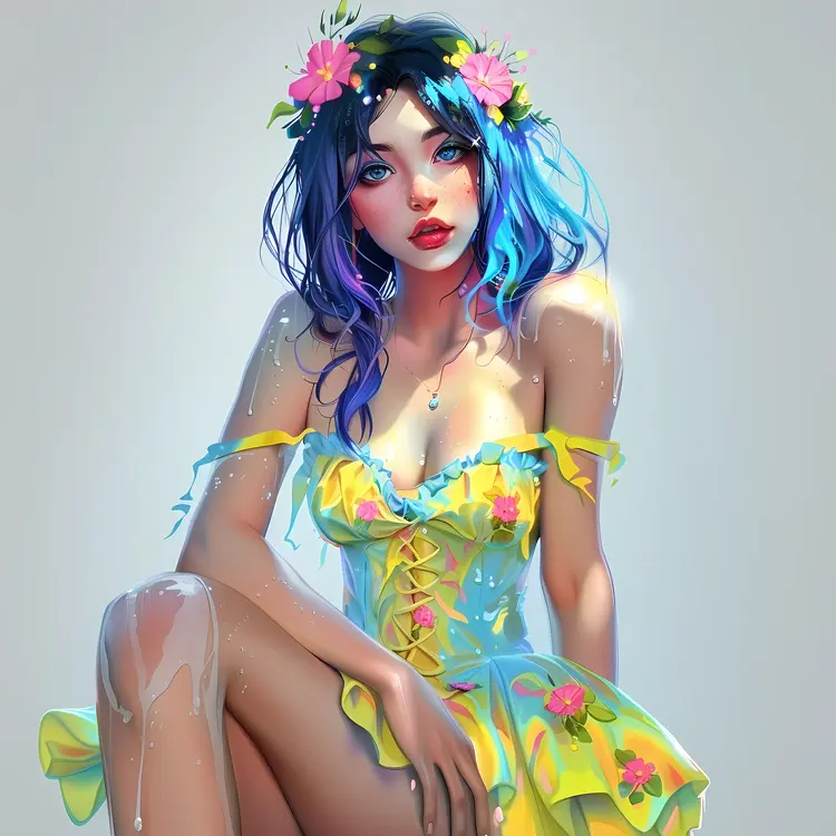 Vibrant Blue-Haired Woman in Yellow Dress