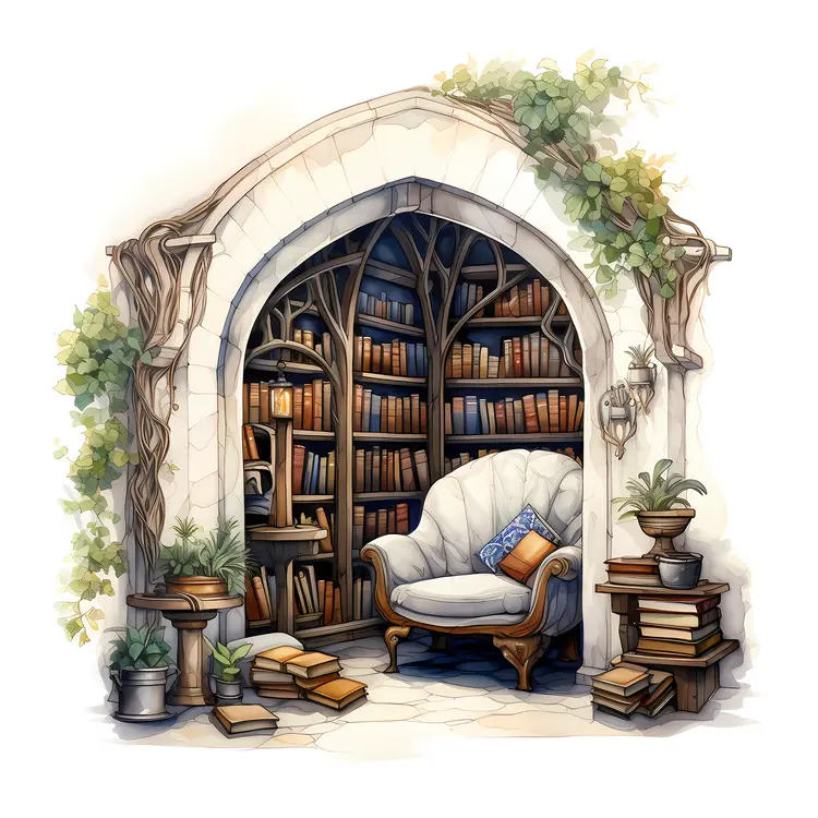 Cozy Reading Nook with Bookshelf and Plants