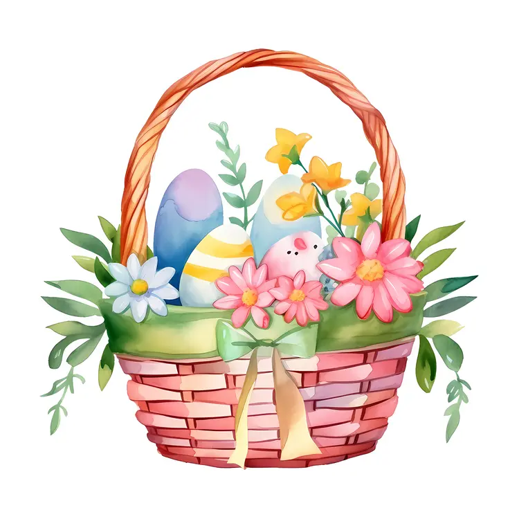 Easter Basket with Flowers and Eggs