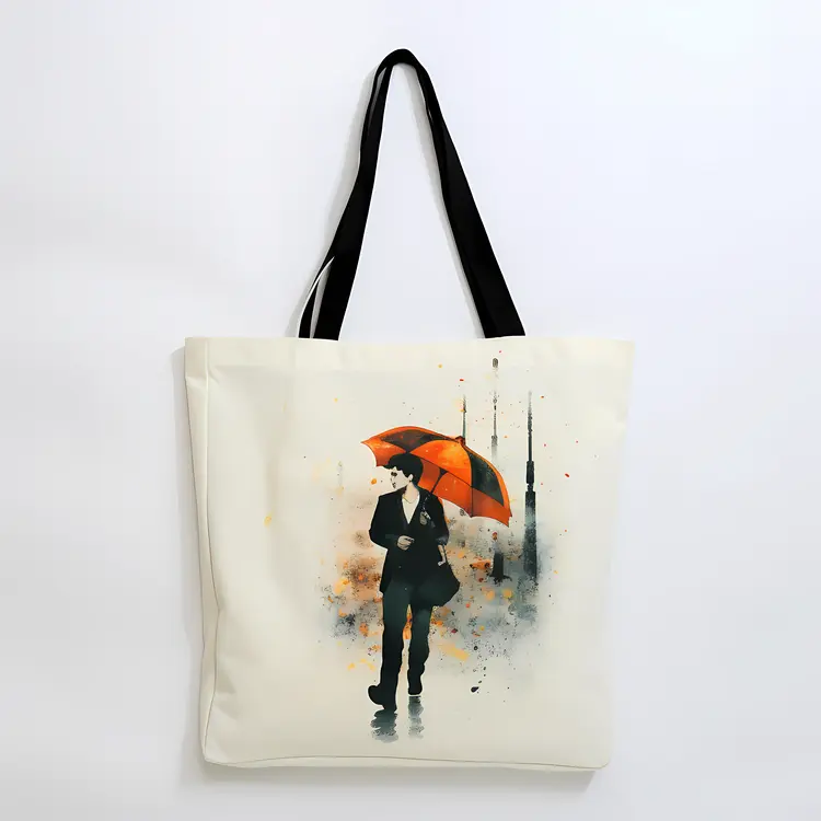 Man with Orange Umbrella in Cityscape