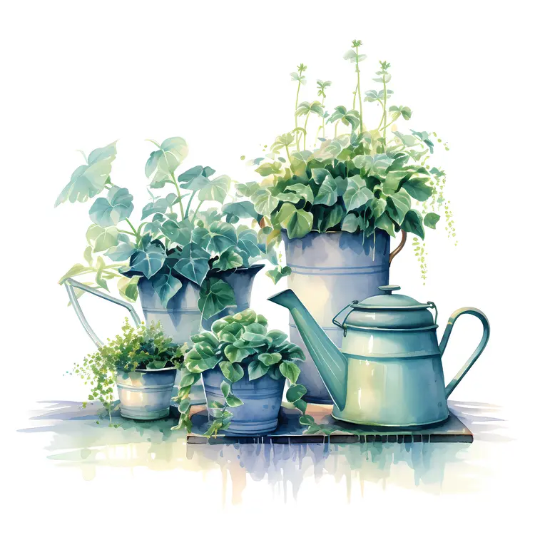Green Plants in Pots with Watering Can
